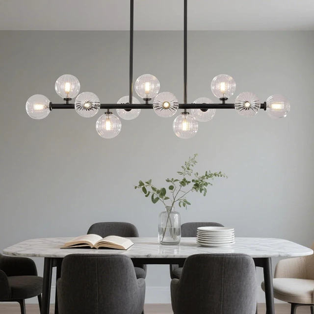 Alt view image 7 of 7 - 50 Inch Large Glass Globe Sputnik Chandelier, 12-Light Mid Century Modern Dining Light Fixture Over Table, Black Linear Chandeliers for Dining Room Kitchen Island Living Room (Clear Bubble)