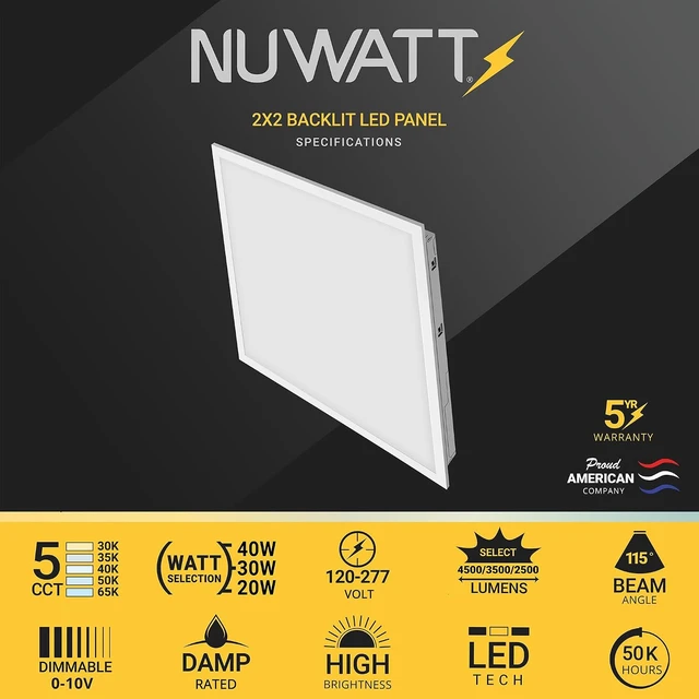 Alt view image 2 of 7 - NUWATT 2x2 LED Flat Panel Lights, 40W/30W/20W, 5CCT 30K-65K, DLC, 4 Pack