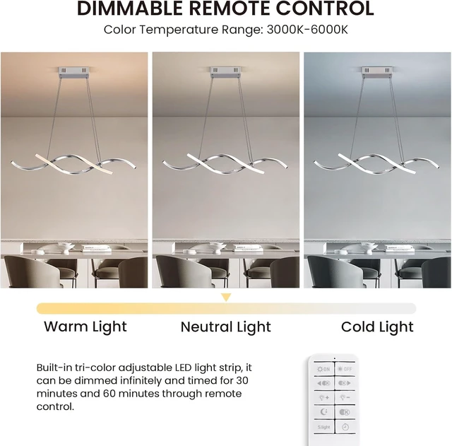 Alt view image 2 of 7 - NOXARTE Modern LED Chandelier Dimmable Hanging Ceiling Light, Silver Pendant Light Fixture with Remote Control for Dining Room Kitchen Island Office Over Table 35.4 Inch