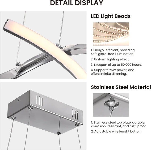 Alt view image 4 of 7 - NOXARTE Modern LED Chandelier Dimmable Hanging Ceiling Light, Silver Pendant Light Fixture with Remote Control for Dining Room Kitchen Island Office Over Table 35.4 Inch
