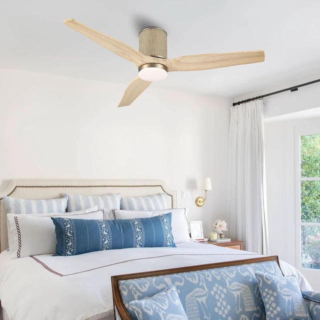 Alt view image 2 of 7 - LEDLUX 52" Ceiling Fan with Light - Low Profile Flush Mount Ceiling Fan, 6-Speed Remote Control, Solid Wood, Quiet Reversible DC Motor, Boho Style, for Bedroom, Living Room, Porch, Light Oak/Gold