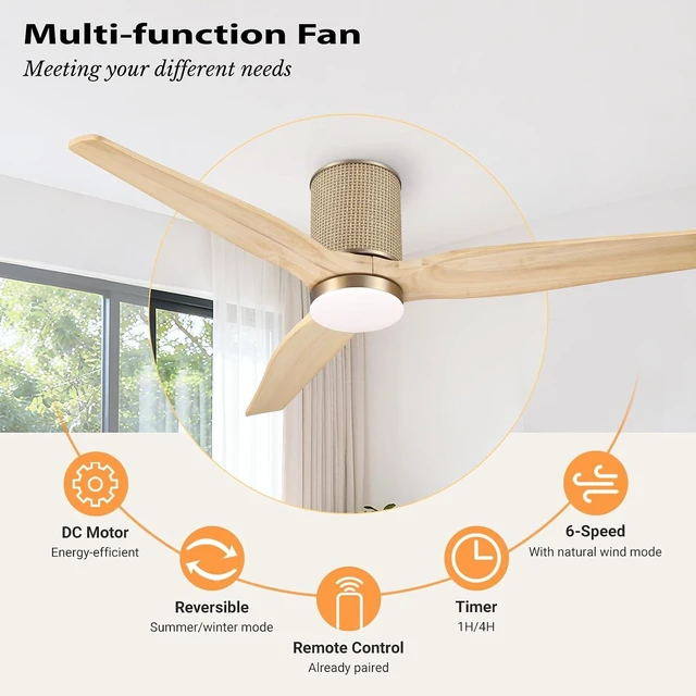 Alt view image 3 of 7 - LEDLUX 52" Ceiling Fan with Light - Low Profile Flush Mount Ceiling Fan, 6-Speed Remote Control, Solid Wood, Quiet Reversible DC Motor, Boho Style, for Bedroom, Living Room, Porch, Light Oak/Gold