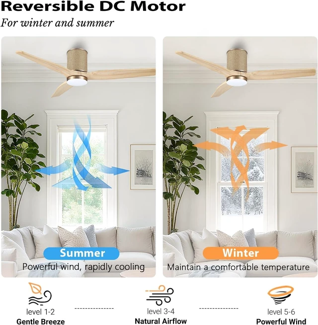 Alt view image 5 of 7 - LEDLUX 52" Ceiling Fan with Light - Low Profile Flush Mount Ceiling Fan, 6-Speed Remote Control, Solid Wood, Quiet Reversible DC Motor, Boho Style, for Bedroom, Living Room, Porch, Light Oak/Gold