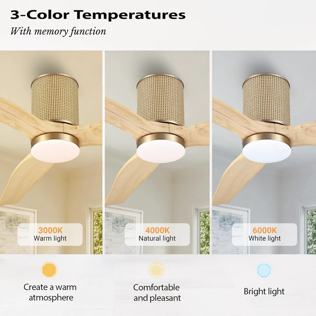 Alt view image 6 of 7 - LEDLUX 52" Ceiling Fan with Light - Low Profile Flush Mount Ceiling Fan, 6-Speed Remote Control, Solid Wood, Quiet Reversible DC Motor, Boho Style, for Bedroom, Living Room, Porch, Light Oak/Gold
