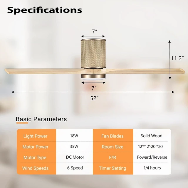 Alt view image 7 of 7 - LEDLUX 52" Ceiling Fan with Light - Low Profile Flush Mount Ceiling Fan, 6-Speed Remote Control, Solid Wood, Quiet Reversible DC Motor, Boho Style, for Bedroom, Living Room, Porch, Light Oak/Gold