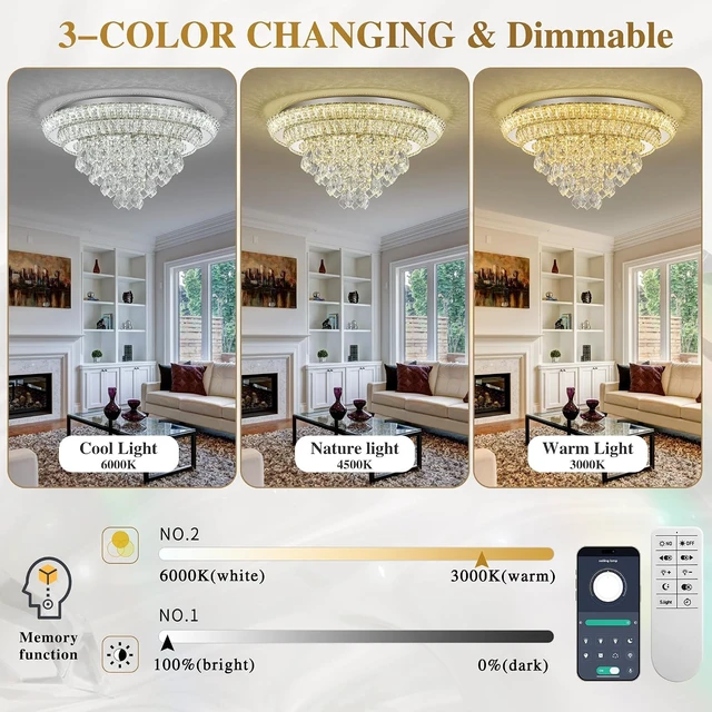 Alt view image 3 of 7 - 24" Flush Mount Crystal Chandelier with Remote & App,Modern Ceiling Light
