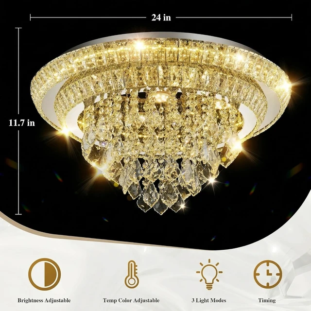 Alt view image 6 of 7 - 24" Flush Mount Crystal Chandelier with Remote & App,Modern Ceiling Light