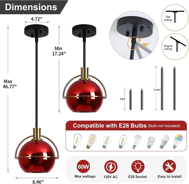 Alt view image 2 of 7 - 2 Pack Modern Red Glass Pendant Lights Kitchen Island, Black & Gold Hanging Light Fixture with Adjustable Rod, Globe Hanging Pendant Light for Dining Room Bar Bedroom, E26 Base