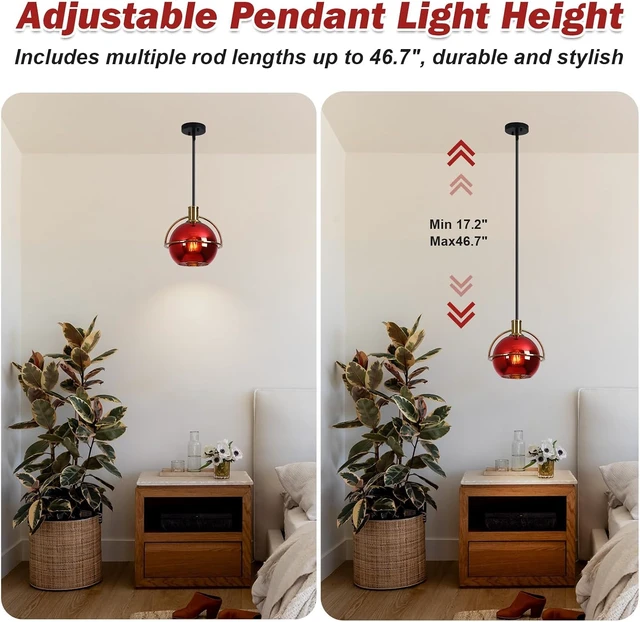 Alt view image 3 of 7 - 2 Pack Modern Red Glass Pendant Lights Kitchen Island, Black & Gold Hanging Light Fixture with Adjustable Rod, Globe Hanging Pendant Light for Dining Room Bar Bedroom, E26 Base