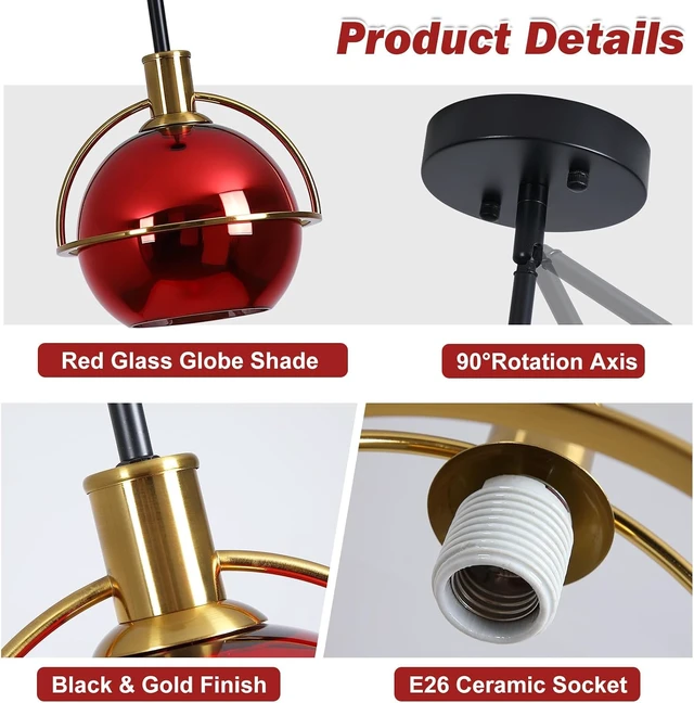 Alt view image 4 of 7 - 2 Pack Modern Red Glass Pendant Lights Kitchen Island, Black & Gold Hanging Light Fixture with Adjustable Rod, Globe Hanging Pendant Light for Dining Room Bar Bedroom, E26 Base