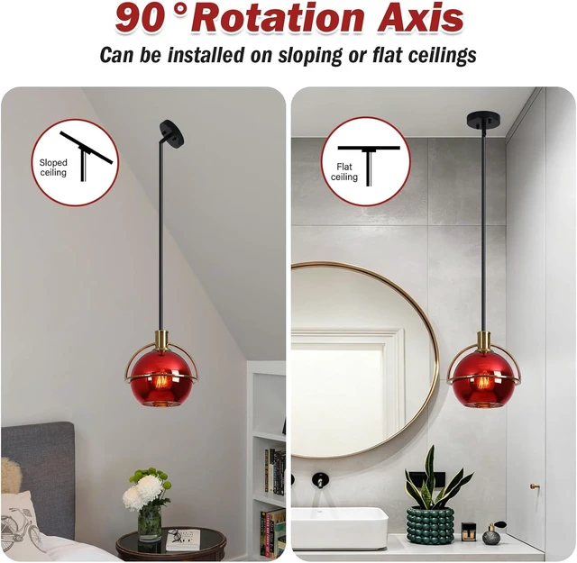Alt view image 5 of 7 - 2 Pack Modern Red Glass Pendant Lights Kitchen Island, Black & Gold Hanging Light Fixture with Adjustable Rod, Globe Hanging Pendant Light for Dining Room Bar Bedroom, E26 Base