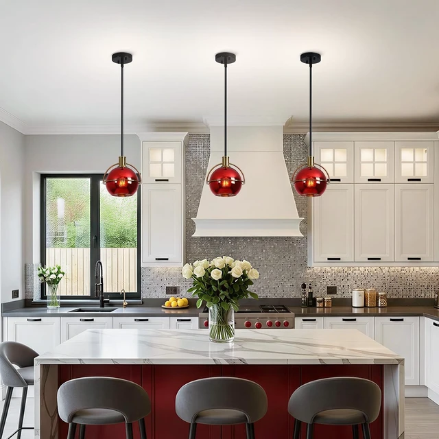 Alt view image 6 of 7 - 2 Pack Modern Red Glass Pendant Lights Kitchen Island, Black & Gold Hanging Light Fixture with Adjustable Rod, Globe Hanging Pendant Light for Dining Room Bar Bedroom, E26 Base