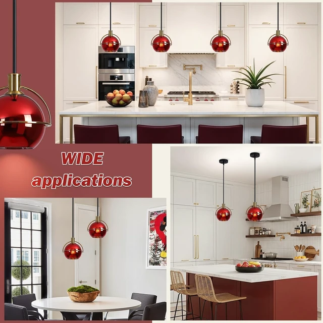 Alt view image 7 of 7 - 2 Pack Modern Red Glass Pendant Lights Kitchen Island, Black & Gold Hanging Light Fixture with Adjustable Rod, Globe Hanging Pendant Light for Dining Room Bar Bedroom, E26 Base