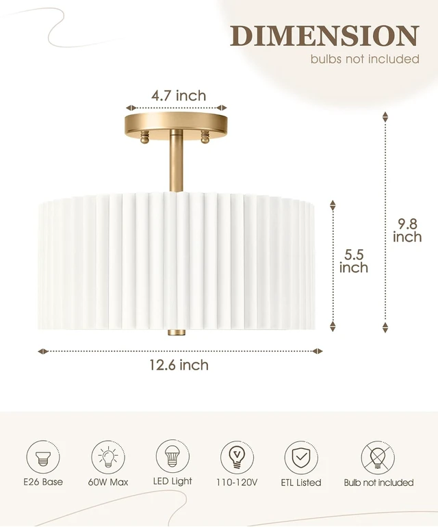 Alt view image 2 of 7 - 12.5" Gold Semi Flush Mount Ceiling Lights, Pleated Fabric Shade