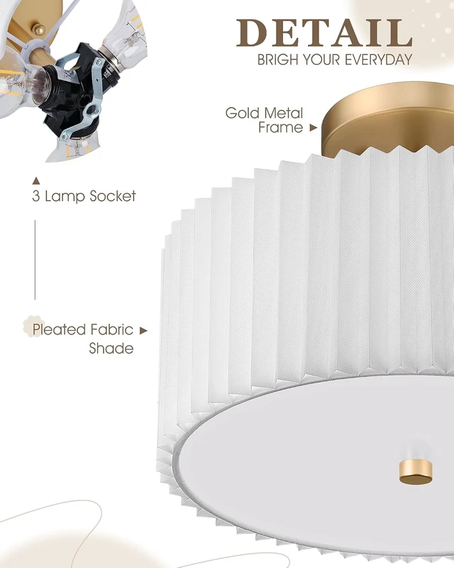Alt view image 3 of 7 - 12.5" Gold Semi Flush Mount Ceiling Lights, Pleated Fabric Shade