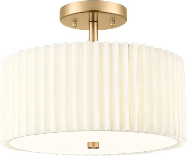 Main image of 12.5" Gold Semi Flush Mount Ceiling Lights, Pleated Fabric Shade
