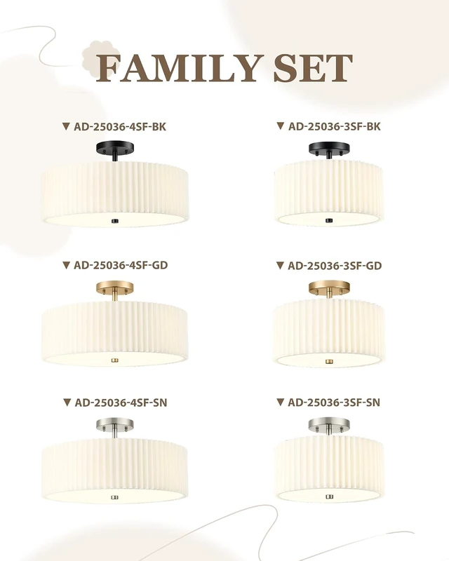 Alt view image 6 of 7 - 12.5" Gold Semi Flush Mount Ceiling Lights, Pleated Fabric Shade