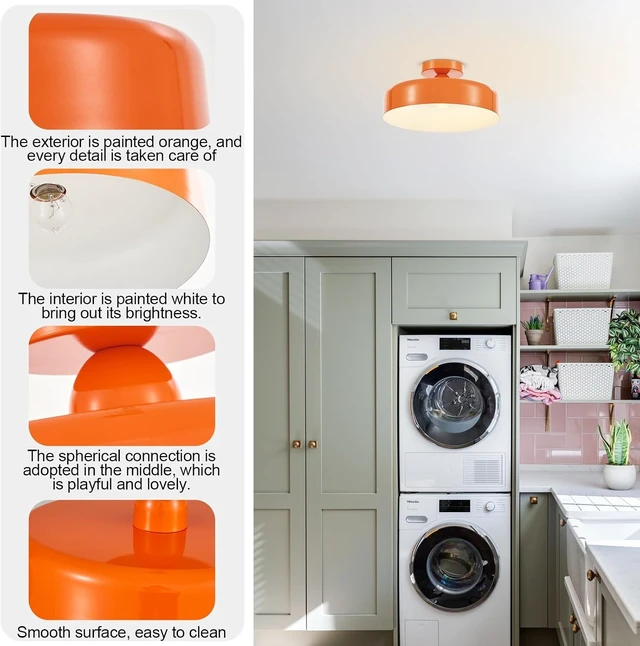 Alt view image 3 of 7 - VILUXY Vintage Semi-Flush Mount Ceiling Light Fixture Orange Brush Paint Finish Round Ceiling Lamps for Bedroom, Dining Room, Corridor, Living Room