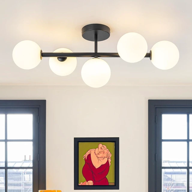 Main image of EDISLIVE 5-Light Semi Flush Mount Glass Ceiling Light Frosted Globe, 26.4 in Modern Sputnik Light Fixture Chandeliers with Milk Glass Shade Black Finished
