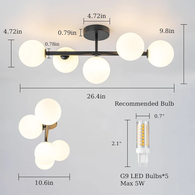 Alt view image 3 of 7 - EDISLIVE 5-Light Semi Flush Mount Glass Ceiling Light Frosted Globe, 26.4 in Modern Sputnik Light Fixture Chandeliers with Milk Glass Shade Black Finished
