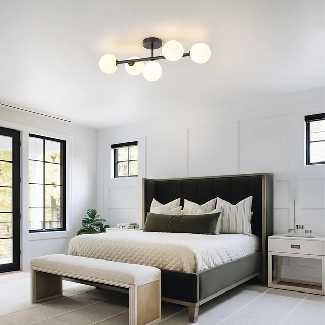 Alt view image 5 of 7 - EDISLIVE 5-Light Semi Flush Mount Glass Ceiling Light Frosted Globe, 26.4 in Modern Sputnik Light Fixture Chandeliers with Milk Glass Shade Black Finished
