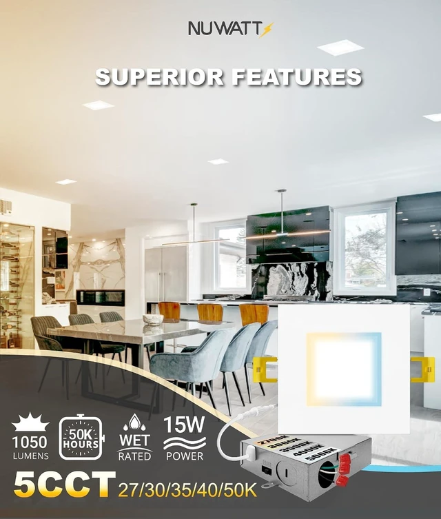 Alt view image 3 of 7 - NUWATT 12 Pack Canless 6 Inch LED Square Recessed Lighting 2700K-5000K, ETL