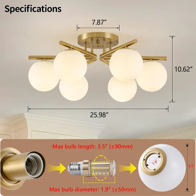 Alt view image 3 of 7 - 6 Lights Sputnik Ceiling Light Fixture,Semi Flush Mount Ceiling Light Sputnik with Milk Glass Globe, Brushed Brass Chandelier for Living Room, 25.98 Large Mid Century Modern Fixture