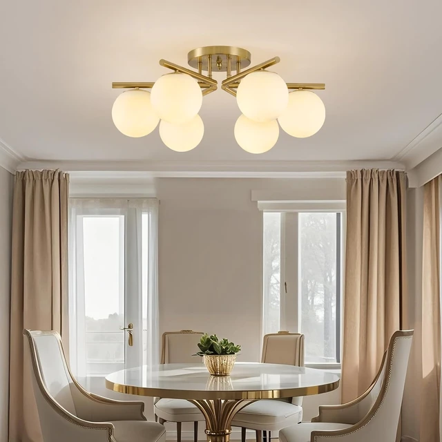 Alt view image 2 of 7 - 6 Lights Sputnik Ceiling Light Fixture,Semi Flush Mount Ceiling Light Sputnik with Milk Glass Globe, Brushed Brass Chandelier for Living Room, 25.98 Large Mid Century Modern Fixture