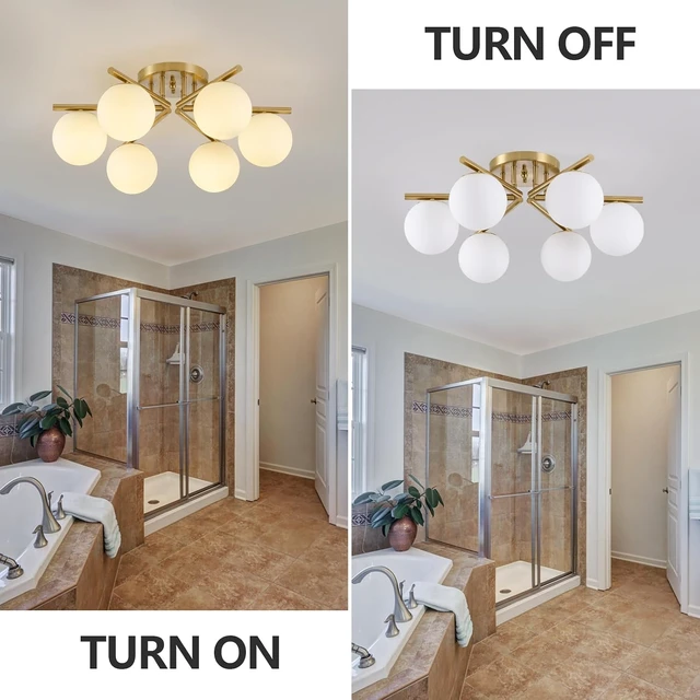 Alt view image 4 of 7 - 6 Lights Sputnik Ceiling Light Fixture,Semi Flush Mount Ceiling Light Sputnik with Milk Glass Globe, Brushed Brass Chandelier for Living Room, 25.98 Large Mid Century Modern Fixture