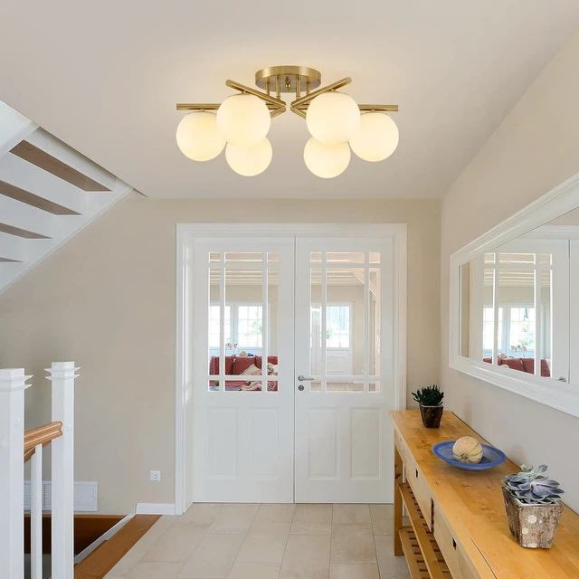 Alt view image 7 of 7 - 6 Lights Sputnik Ceiling Light Fixture,Semi Flush Mount Ceiling Light Sputnik with Milk Glass Globe, Brushed Brass Chandelier for Living Room, 25.98 Large Mid Century Modern Fixture