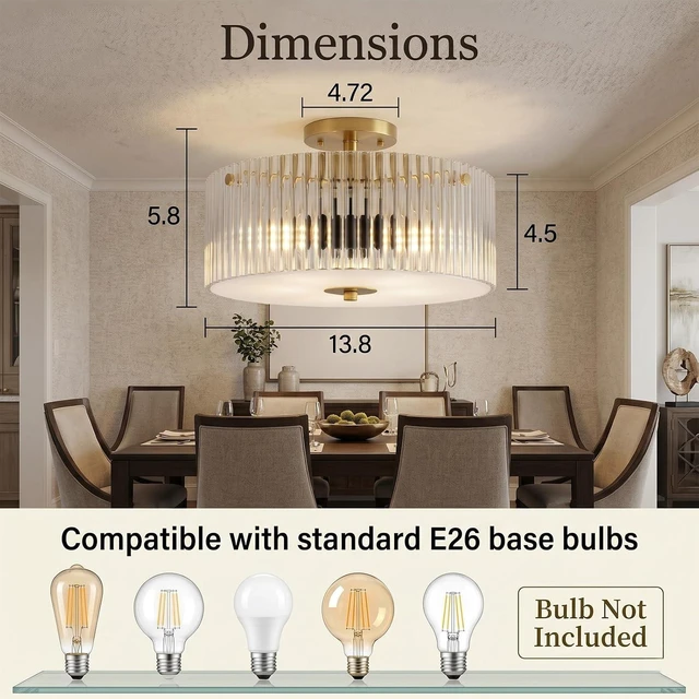 Alt view image 2 of 7 - 13.8" Gold Flush Mount Ceiling Light, 3-Light Clear Ribbed Glass Ceiling Light Fixture, Large Modern Close to Ceiling Light for Low Ceiling Bedroom Hallway Entryway Kitchen Dining Room Living Room