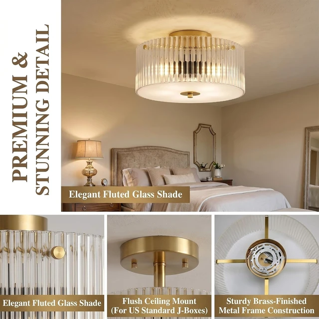 Alt view image 3 of 7 - 13.8" Gold Flush Mount Ceiling Light, 3-Light Clear Ribbed Glass Ceiling Light Fixture, Large Modern Close to Ceiling Light for Low Ceiling Bedroom Hallway Entryway Kitchen Dining Room Living Room