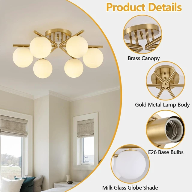 Alt view image 5 of 7 - 6 Lights Sputnik Ceiling Light Fixture,Semi Flush Mount Ceiling Light Sputnik with Milk Glass Globe, Brushed Brass Chandelier for Living Room, 25.98 Large Mid Century Modern Fixture