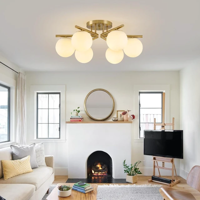 Alt view image 6 of 7 - 6 Lights Sputnik Ceiling Light Fixture,Semi Flush Mount Ceiling Light Sputnik with Milk Glass Globe, Brushed Brass Chandelier for Living Room, 25.98 Large Mid Century Modern Fixture