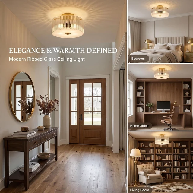 Alt view image 6 of 7 - 13.8" Gold Flush Mount Ceiling Light, 3-Light Clear Ribbed Glass Ceiling Light Fixture, Large Modern Close to Ceiling Light for Low Ceiling Bedroom Hallway Entryway Kitchen Dining Room Living Room