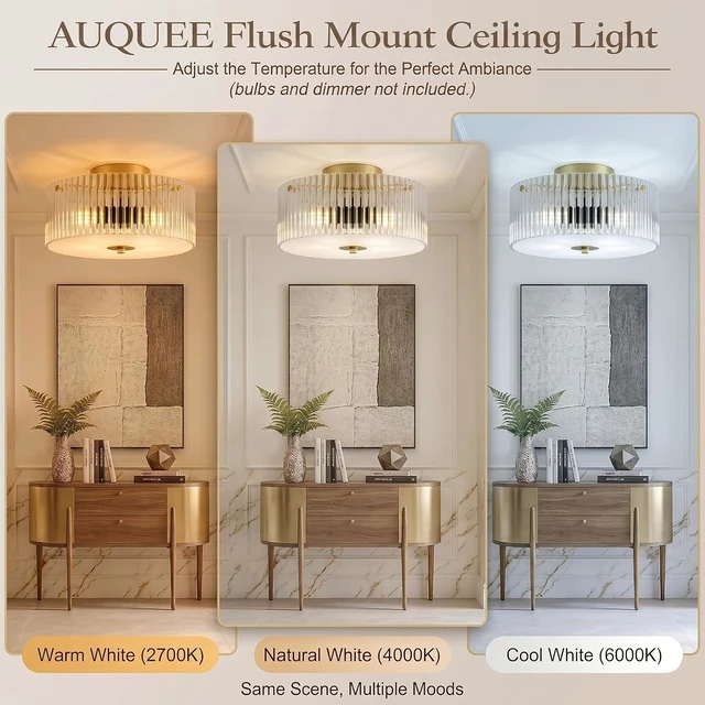 Alt view image 5 of 7 - 13.8" Gold Flush Mount Ceiling Light, 3-Light Clear Ribbed Glass Ceiling Light Fixture, Large Modern Close to Ceiling Light for Low Ceiling Bedroom Hallway Entryway Kitchen Dining Room Living Room