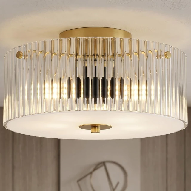 Main image of 13.8" Gold Flush Mount Ceiling Light, 3-Light Clear Ribbed Glass Ceiling Light Fixture, Large Modern Close to Ceiling Light for Low Ceiling Bedroom Hallway Entryway Kitchen Dining Room Living Room