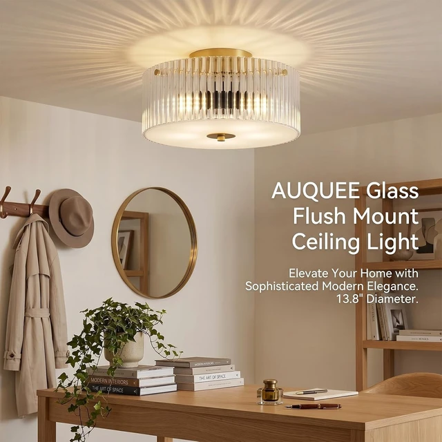 Alt view image 7 of 7 - 13.8" Gold Flush Mount Ceiling Light, 3-Light Clear Ribbed Glass Ceiling Light Fixture, Large Modern Close to Ceiling Light for Low Ceiling Bedroom Hallway Entryway Kitchen Dining Room Living Room