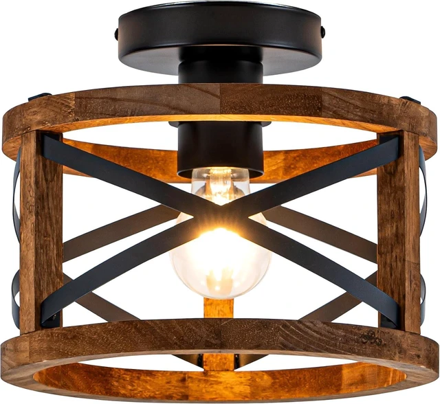 Main image of Rustic Ceiling Light, Semi Flush Mount Ceiling Light with Wood and Black Metal Frame, Round Farmhouse Light Fixture for Kitchen, Bedroom, Hallway, Entryway