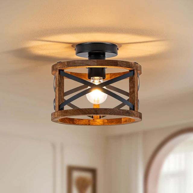 Alt view image 2 of 7 - Rustic Ceiling Light, Semi Flush Mount Ceiling Light with Wood and Black Metal Frame, Round Farmhouse Light Fixture for Kitchen, Bedroom, Hallway, Entryway