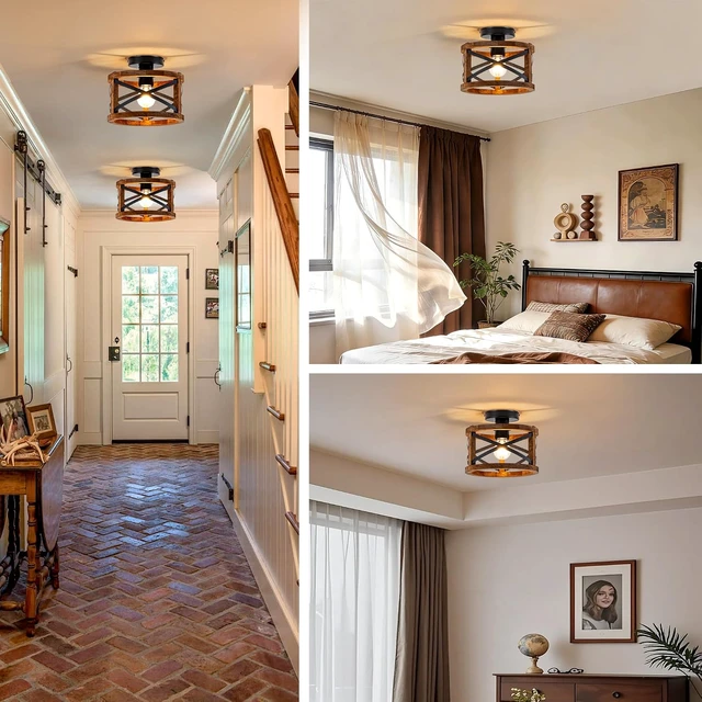 Alt view image 6 of 7 - Rustic Ceiling Light, Semi Flush Mount Ceiling Light with Wood and Black Metal Frame, Round Farmhouse Light Fixture for Kitchen, Bedroom, Hallway, Entryway