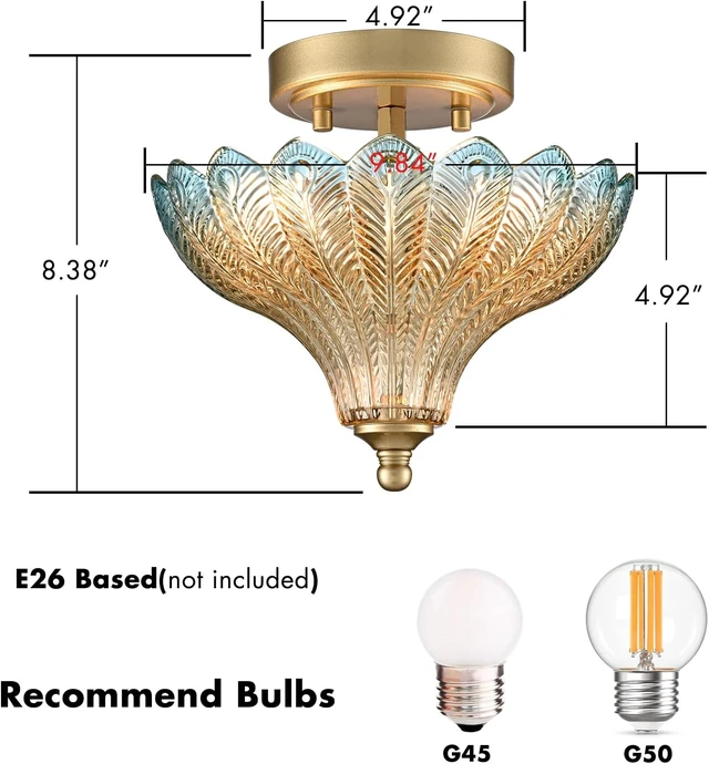 Alt view image 4 of 7 - CLAXY Luxury Gold Semi Flush Mount Ceiling Light Blue & Amber Shade