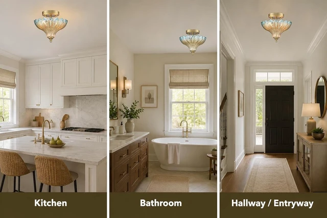 Alt view image 3 of 7 - CLAXY Luxury Gold Semi Flush Mount Ceiling Light Blue & Amber Shade
