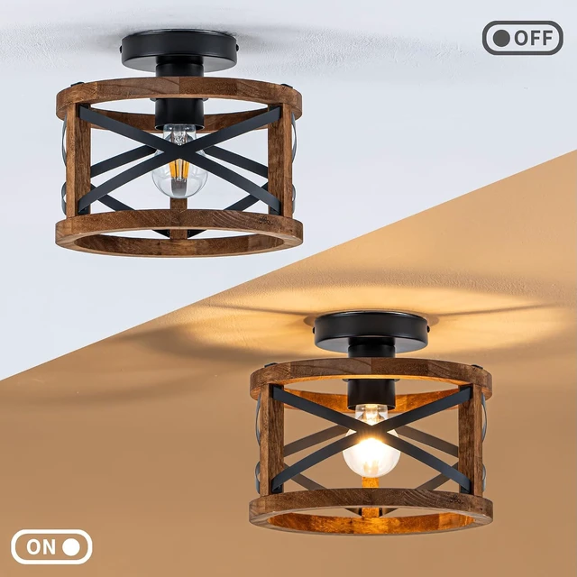 Alt view image 7 of 7 - Rustic Ceiling Light, Semi Flush Mount Ceiling Light with Wood and Black Metal Frame, Round Farmhouse Light Fixture for Kitchen, Bedroom, Hallway, Entryway