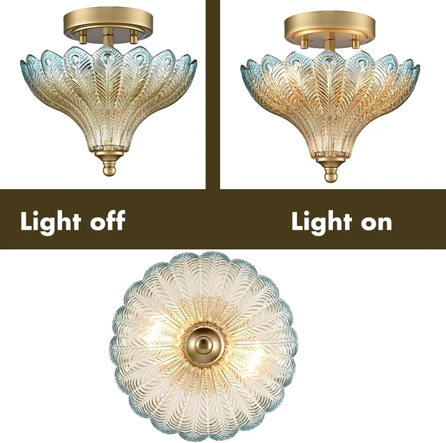 Alt view image 6 of 7 - CLAXY Luxury Gold Semi Flush Mount Ceiling Light Blue & Amber Shade