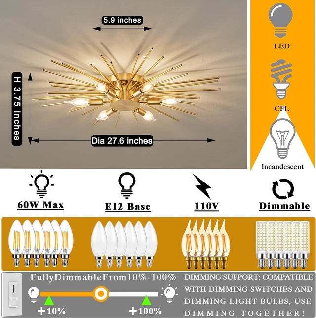 Alt view image 5 of 7 - 6 Lights Dimmable Flush Mount Ceiling Light,E12 Ceiling Light Fixture,27.6
