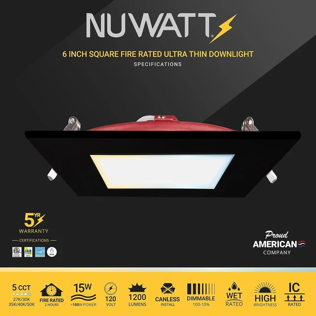 Alt view image 2 of 7 - NUWATT 6" 2 HR Fire Rated Black Square LED Wafer Lights 2700K-5000K, 6 Pack