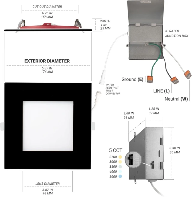 Alt view image 5 of 7 - NUWATT 6" 2 HR Fire Rated Black Square LED Wafer Lights 2700K-5000K, 6 Pack