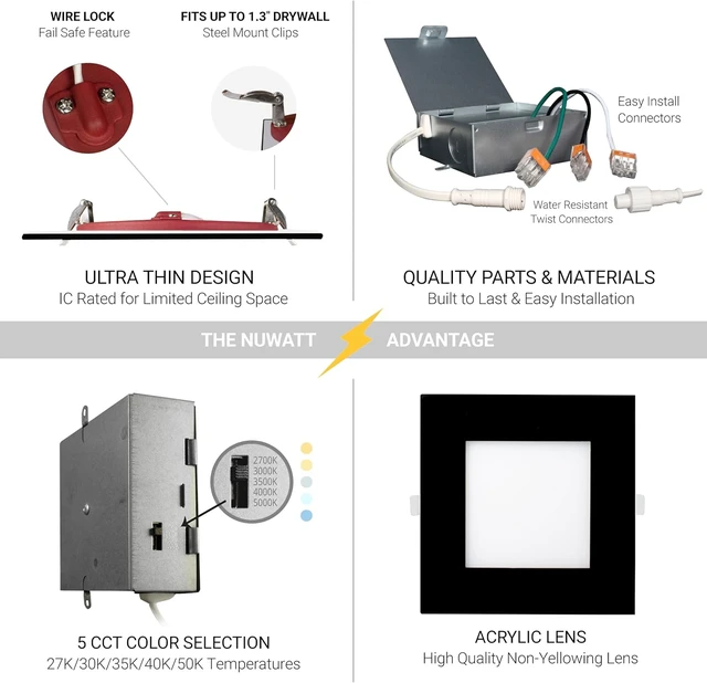 Alt view image 7 of 7 - NUWATT 6" 2 HR Fire Rated Black Square LED Wafer Lights 2700K-5000K, 6 Pack