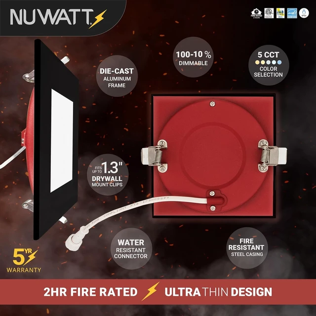 Alt view image 4 of 7 - NUWATT 6" 2 HR Fire Rated Black Square LED Wafer Lights 2700K-5000K, 6 Pack